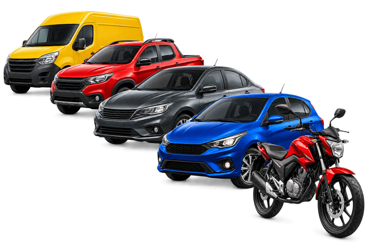 Van, picape, sedã, hatch e moto dispostos em diagonal